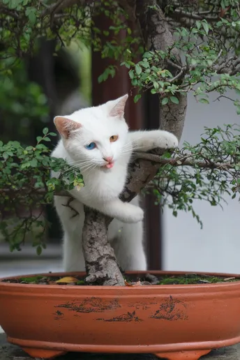一只白猫站在一个花盆上 眼睛是蓝色的。