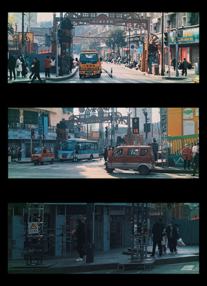 一系列图片展示了一个有汽车、行人和一些建筑的城市街道。
