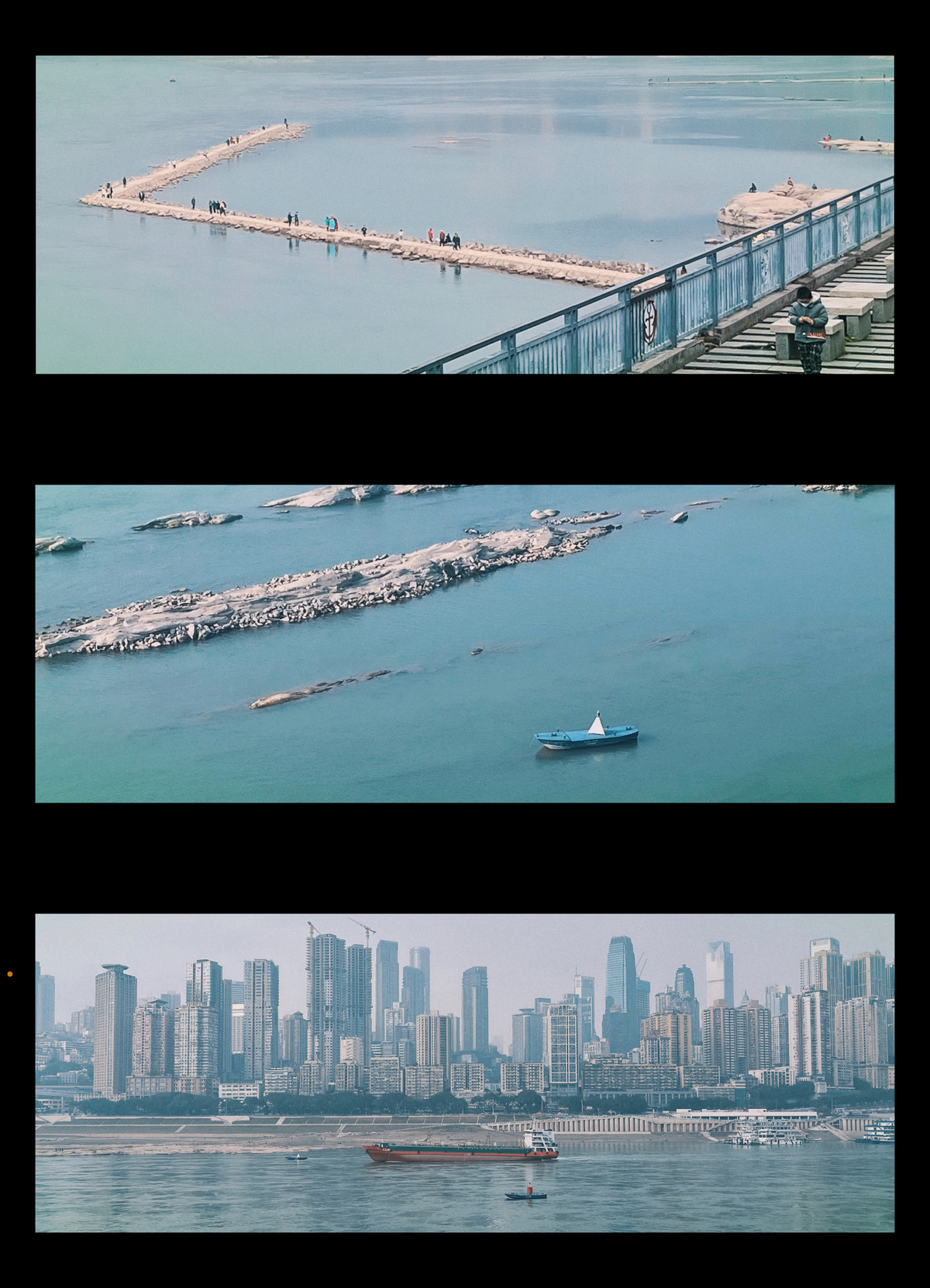一系列照片展示了一座大型桥和停泊在水面上的船。