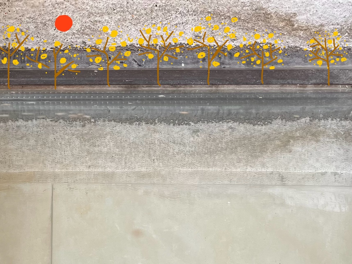 雪中人行道的一幅画 人行道上铺满了雪 路旁长满了带黄色花的树。